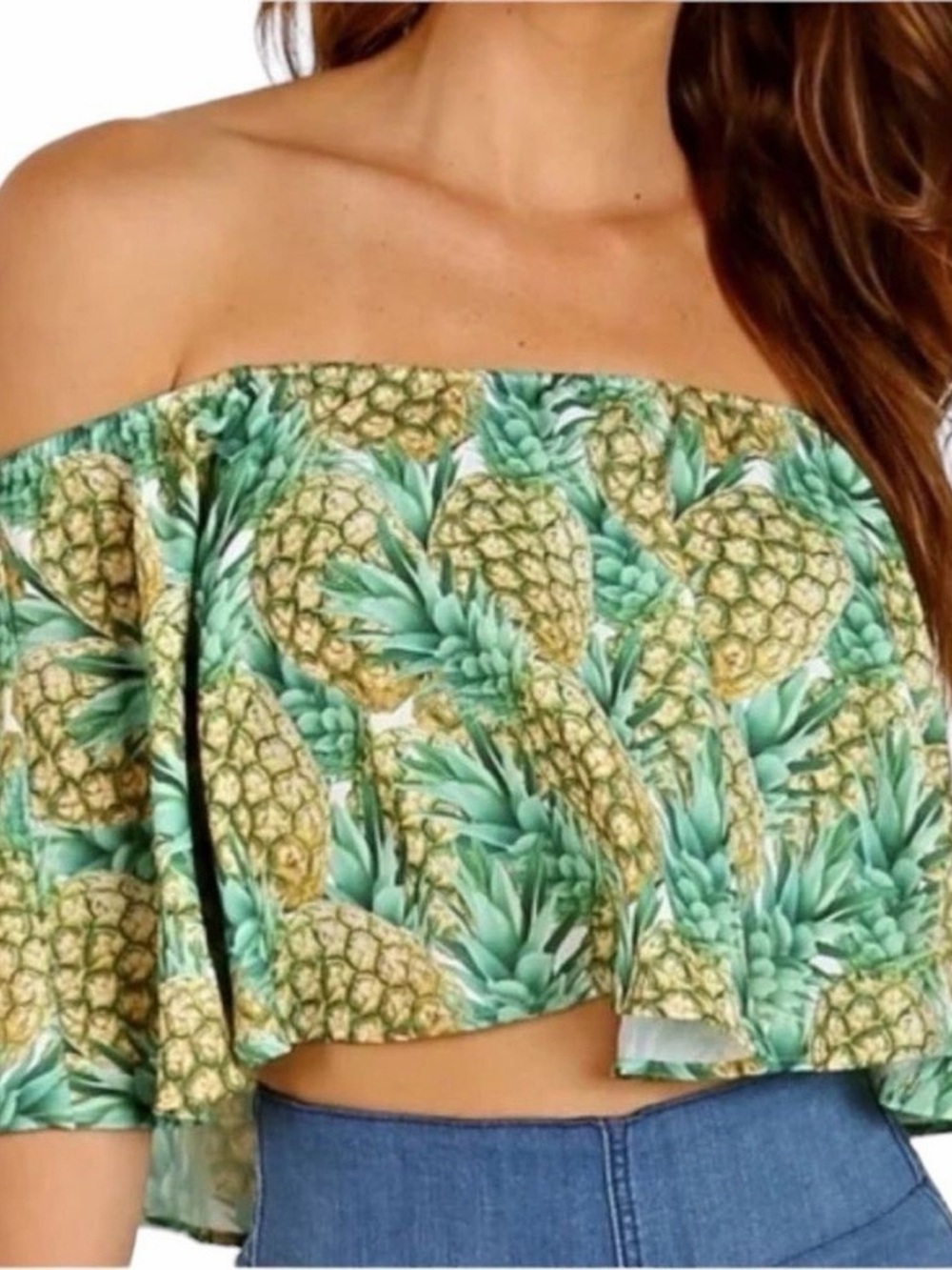 Show Me Your MuMu Pineapple Paradise Print Off-Shoulder Ruffle Crop Top. Small